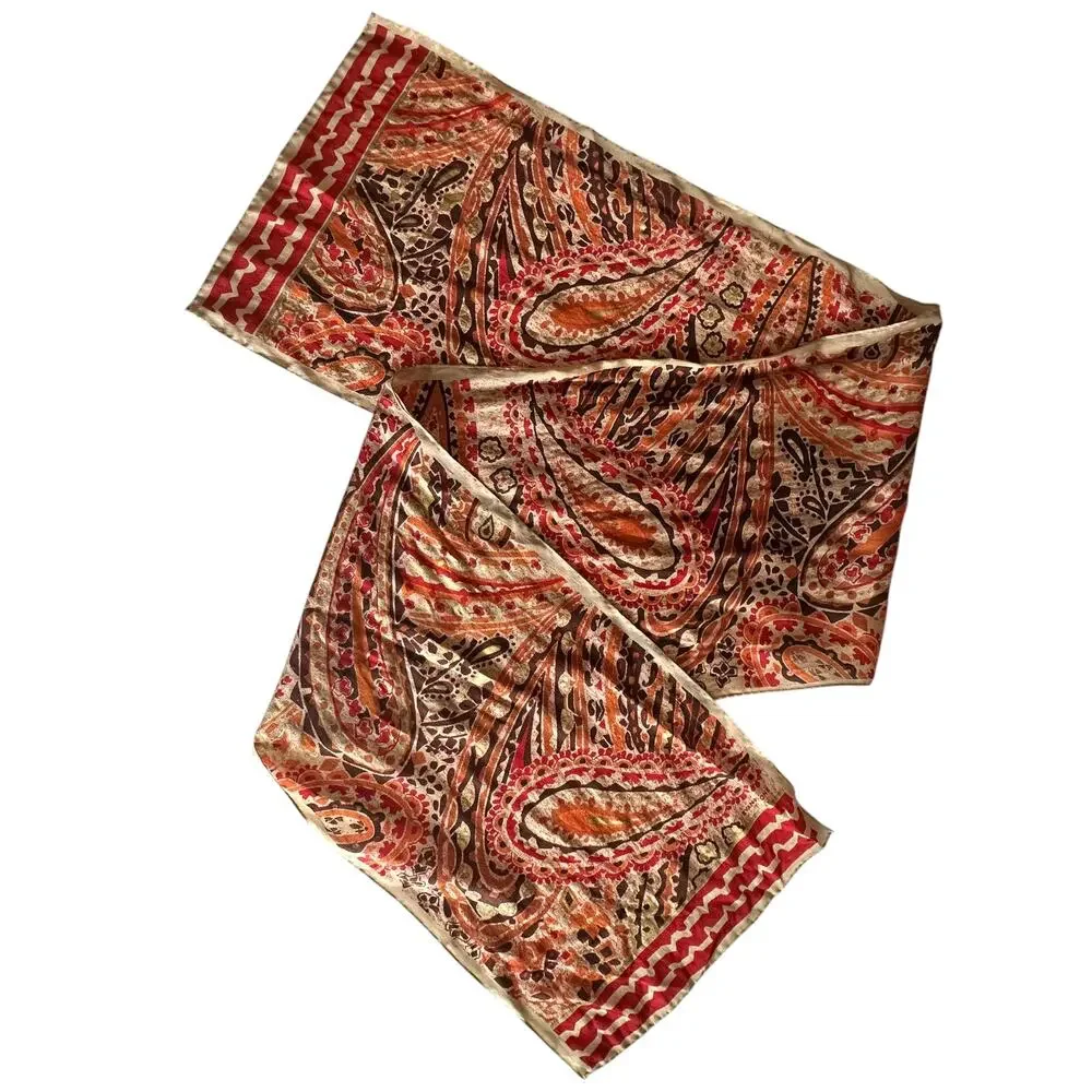 Evan Picone Vintage Paisley Silk Scarf Cream Red Orange Rectangle Lightweight